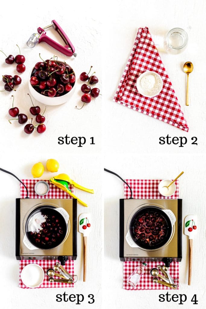 How to make cherry pie filling step by step, as shown in 4 overhead images.