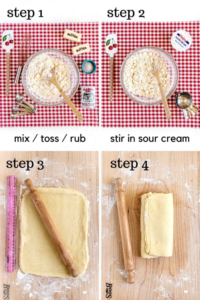 How to make quick puff pastry dough for cherry turnover recipe (shown in 4-image collage).