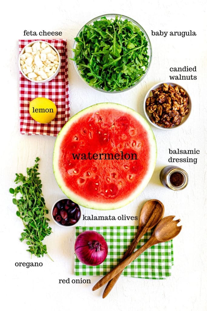 Ingredients for watermelon arugula salad.
