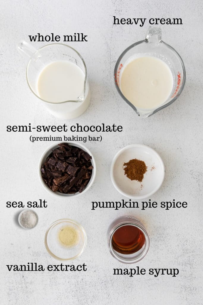 Ingredients for pumpkin spice hot chocolate.