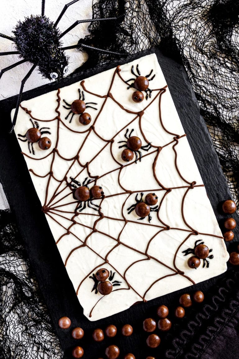 Large rectangle of spooky spiderweb chocolate bark with piped-on chocolate cobwebs and candy spiders.