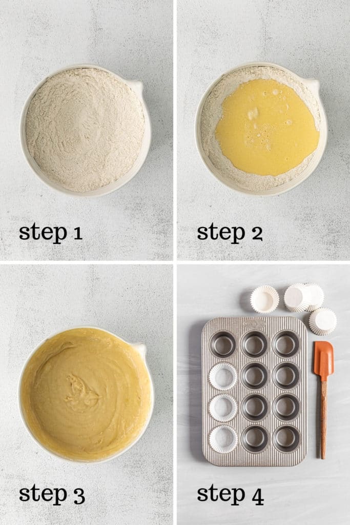 How to make the batter for candy corn cupcakes in 4 easy steps.
