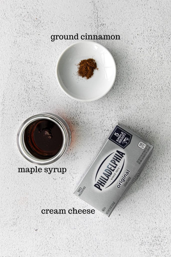 Ingredients for maple cream cheese with cinnamon.