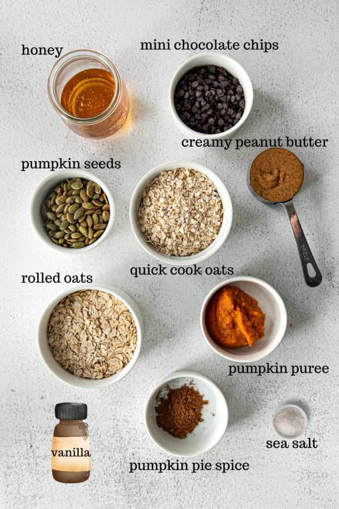 Ingredients for no-bake pumpkin energy balls (AKA: pumpkin energy bites).