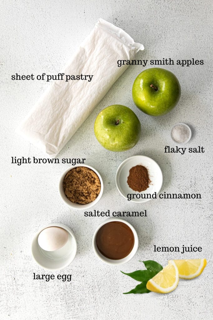 Ingredients for caramel apple tartlets made with puff pastry.
