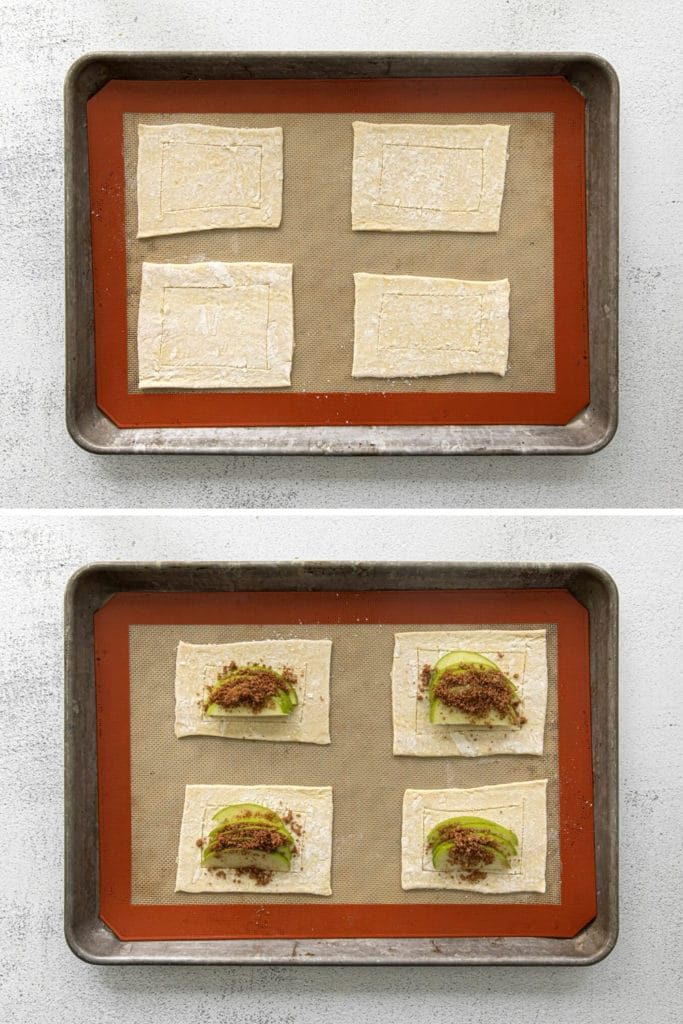 Two images showing how to assemble caramel apple tartlets with puff pastry dough.