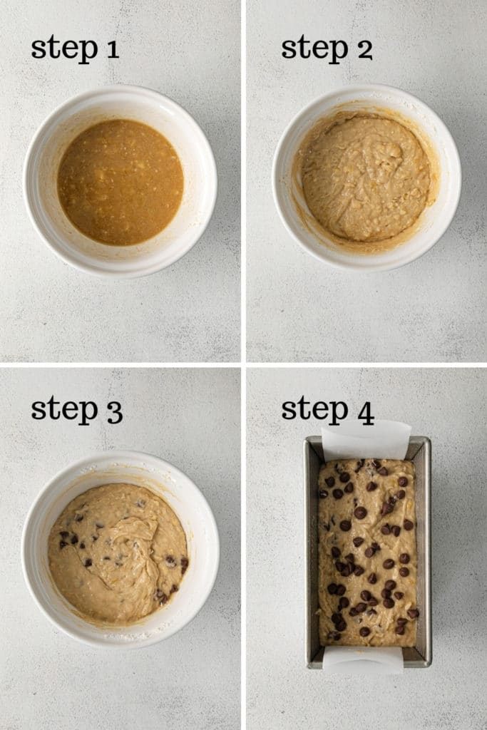 How to make chocolate chip banana bread in 4 easy steps.
