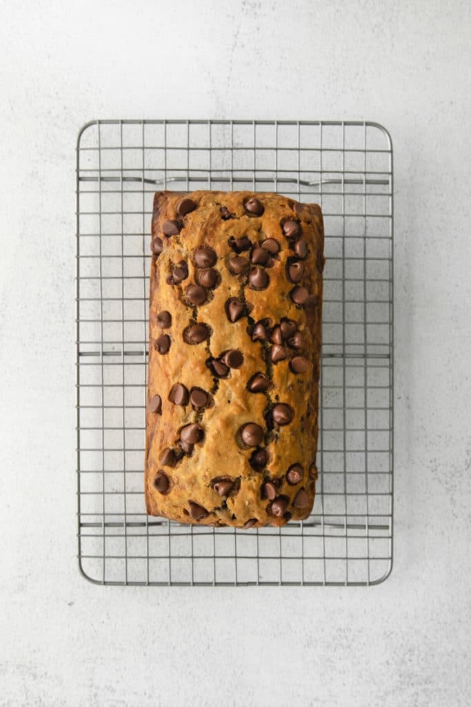 Freshly-baked loaf of banana bread with chocolate chips cooling on a wire rack.