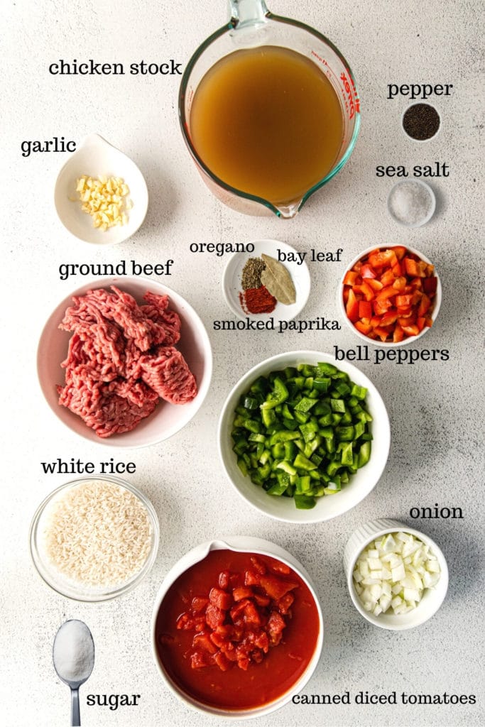 Ingredients for making Instant Pot stuffed pepper soup.