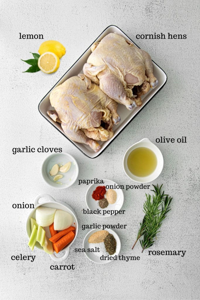 Ingredients for roasted Cornish hen recipe.