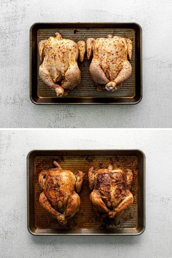 Two images showing how to prep and bake roasted Cornish hen.