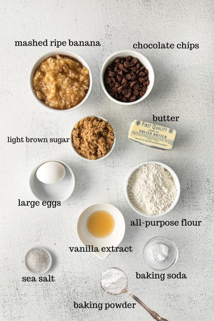 Ingredients for best chocolate chip banana bread recipe.
