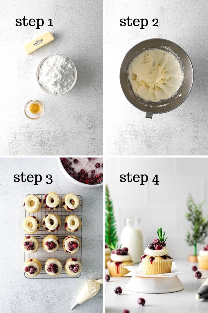 How to make vanilla buttercream frosting, and frost and garnish cranberry cupcakes in 4 easy steps.