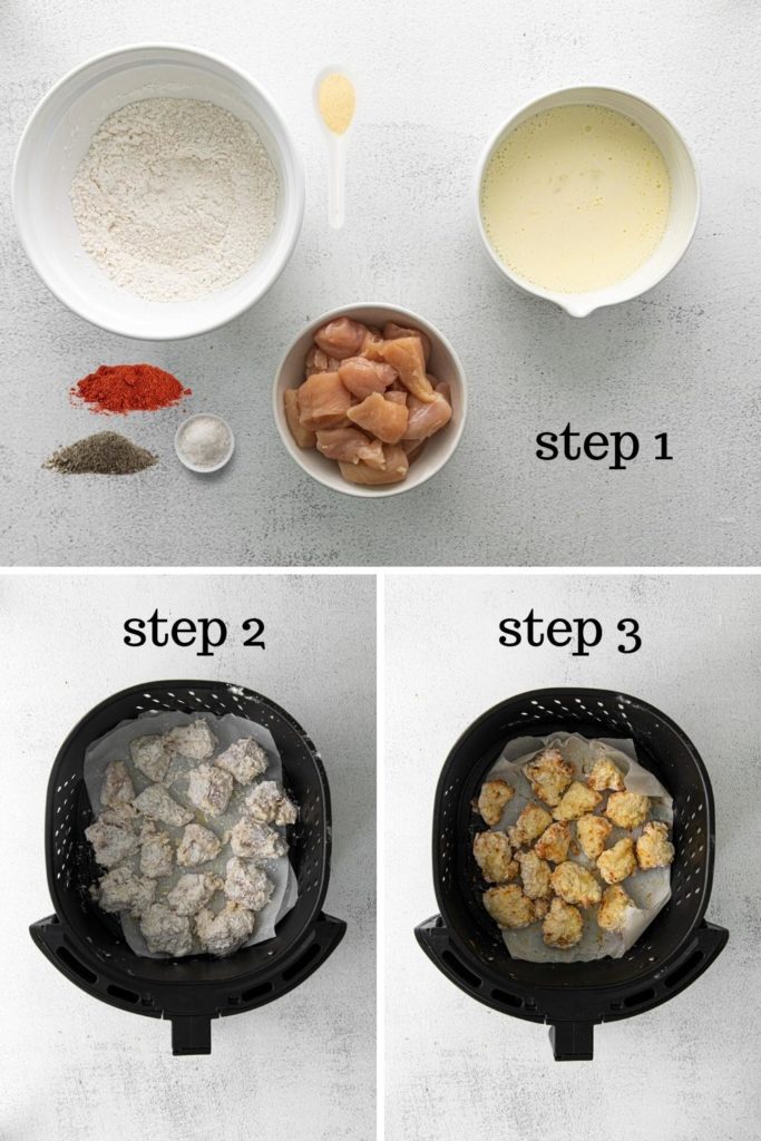 How to make air fryer buffalo chicken bites in 3 easy steps.