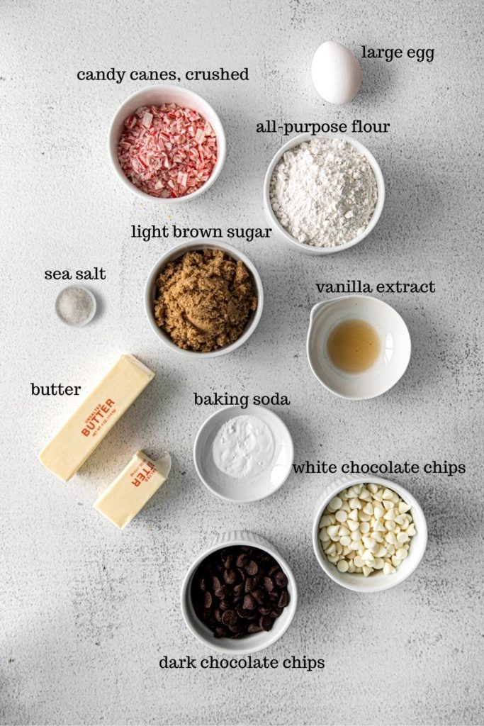 Ingredients for peppermint chocolate chip cookie recipe.