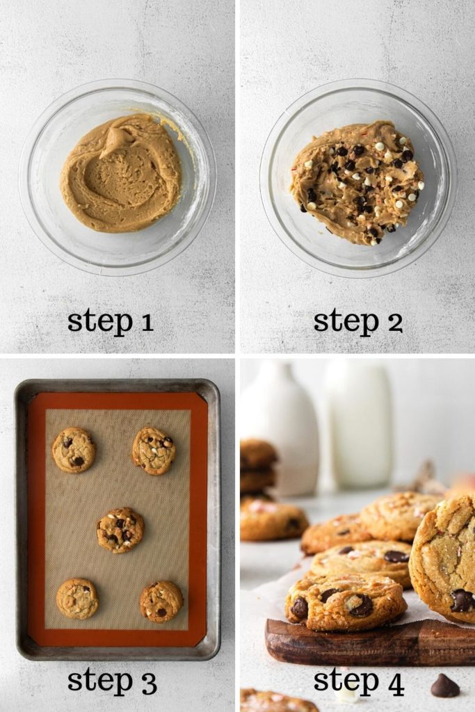 How to make peppermint chocolate chip cookies in 4 easy steps.