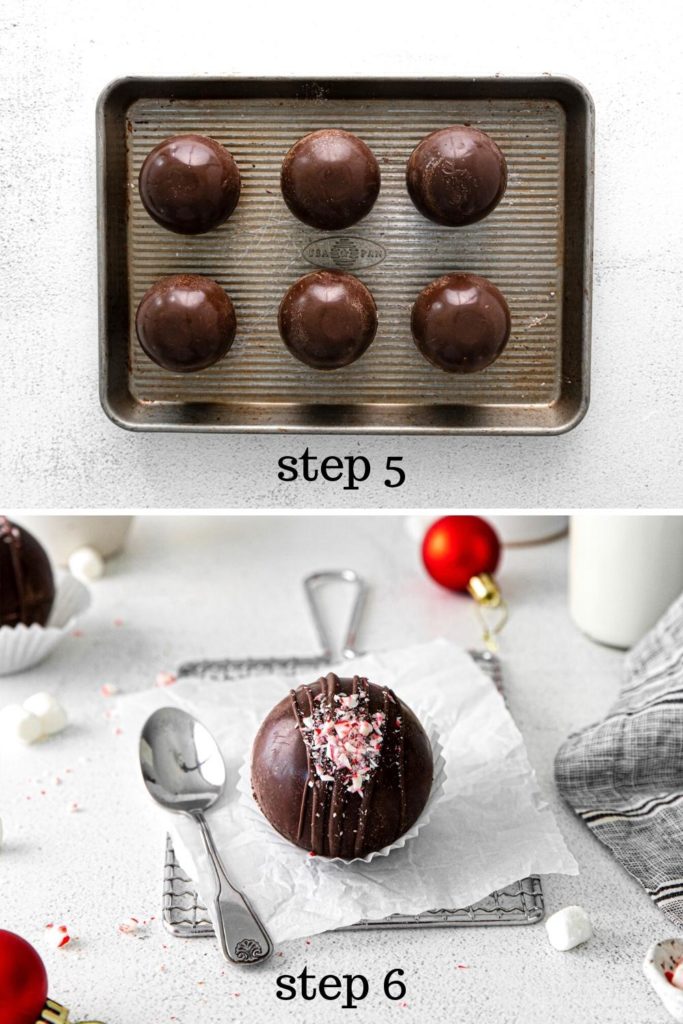 How to close and decorate peppermint hot cocoa bombs with melted chocolate and crushed candy canes.