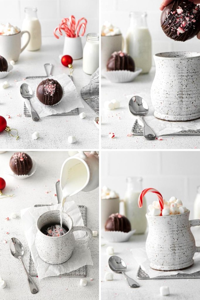Four images showing how to use a hot chocolate bomb.