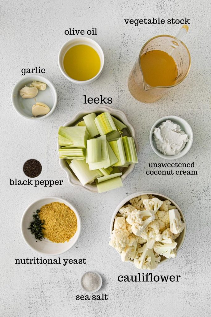 Ingredients, cut and measured, to make roasted cauliflower leek soup.