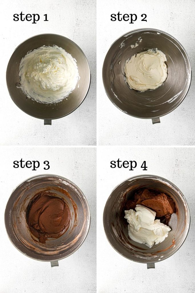 Easy steps for making chocolate trifle recipe in the metal bowl of a stand mixer.