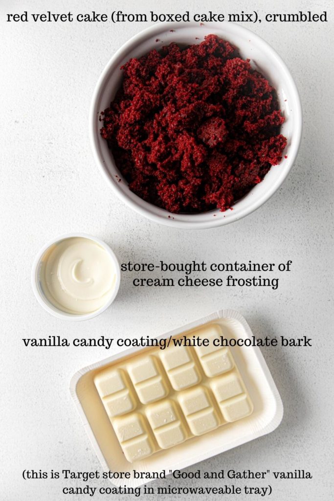 Ingredients for making red velvet cake balls.
