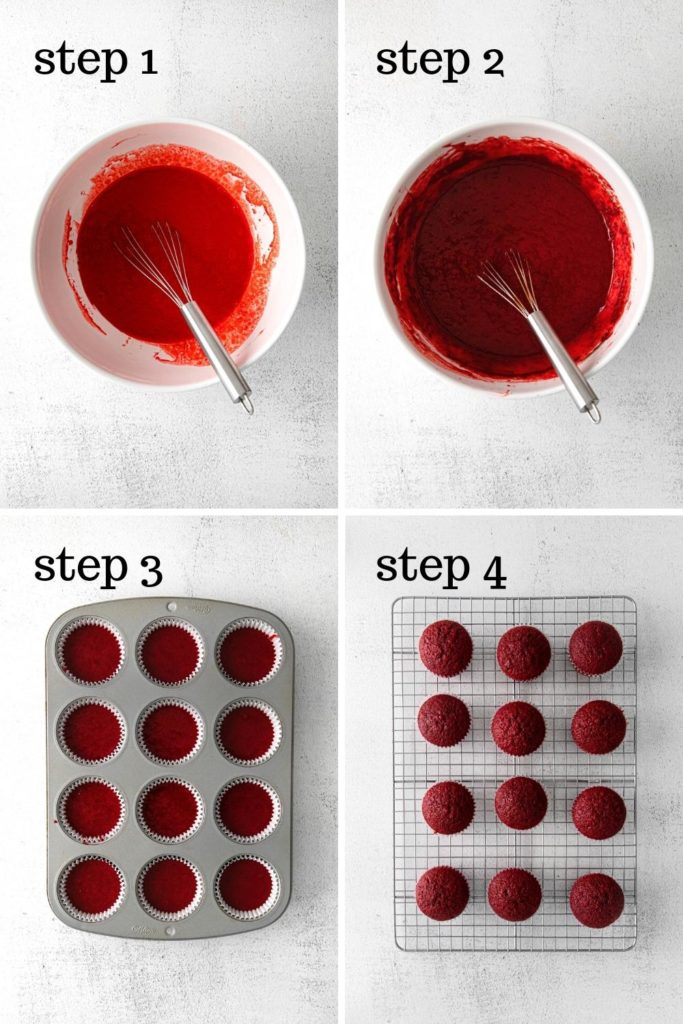 How to make red velvet cupcakes from scratch in 4 easy steps.
