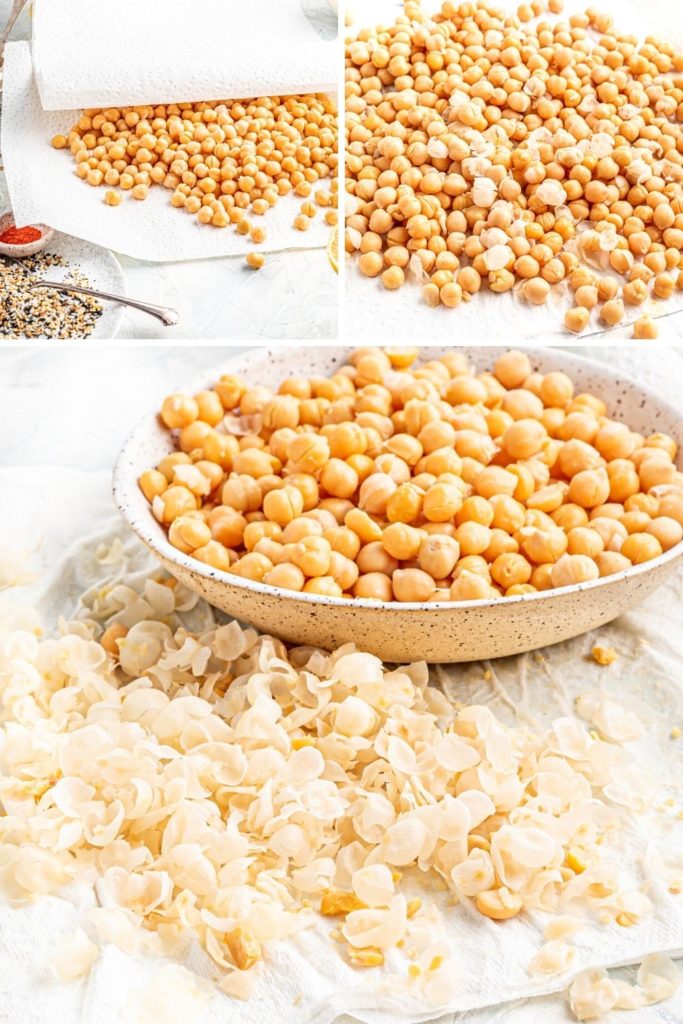 Three images showing how to easily remove the skins from chickpeas.
