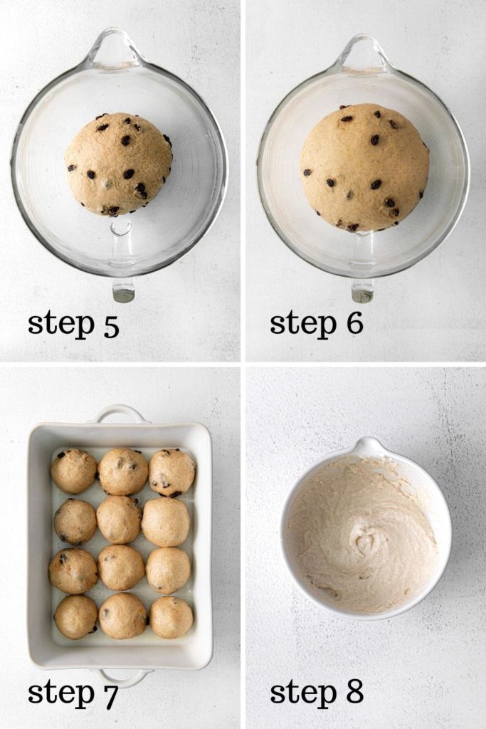 Four images: hot cross bun dough rising, dough shaped into rolls, mixture for the cross.
