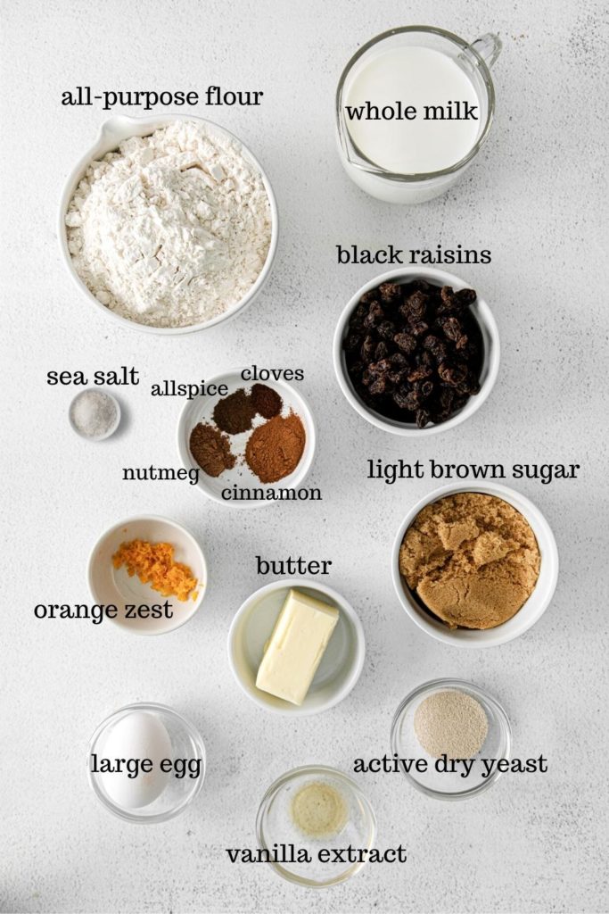 Ingredients for hot cross buns recipe.