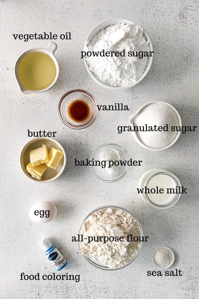 Ingredients for baked robin's egg Easter donuts and blue speckled glaze.