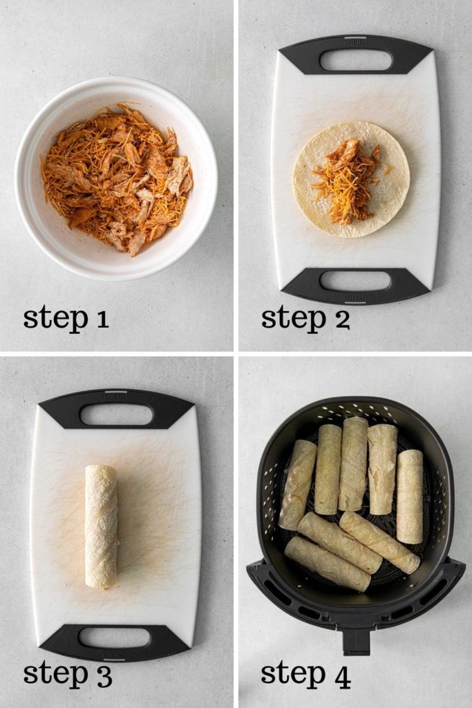 How to assemble rolled tacos and put taquitos in air fryer.
