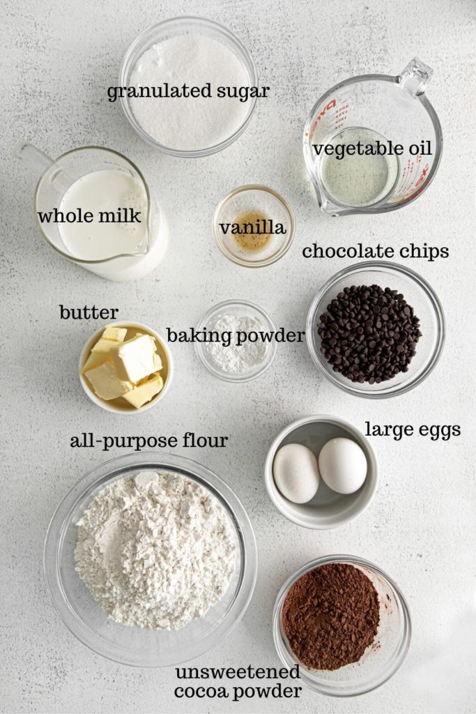 Ingredients for chocolate chip muffin recipe.