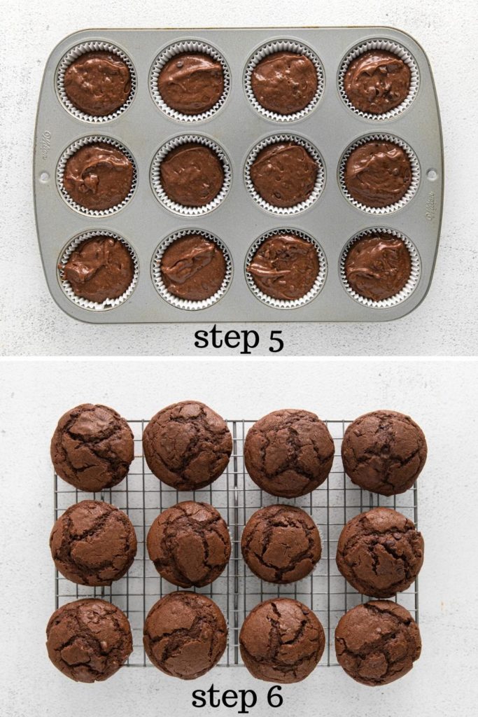 Top image: muffin tin with chocolate muffin batter. Bottom image: chocolate muffins on wire rack.