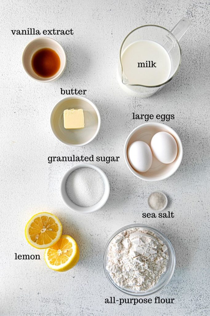 Ingredients for lemon crepes recipe.