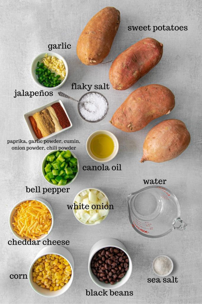 Ingredients for baked and stuffed Mexican sweet potatoes.