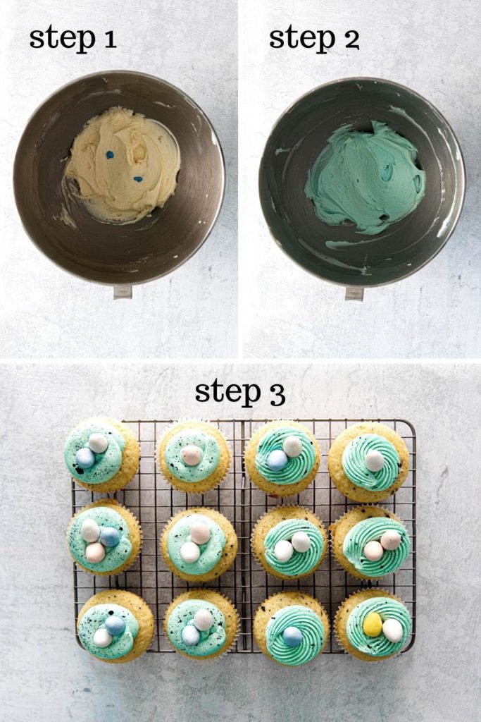 How to make robin's egg buttercream frosting and decorate Easter cupcakes in 3 easy steps.