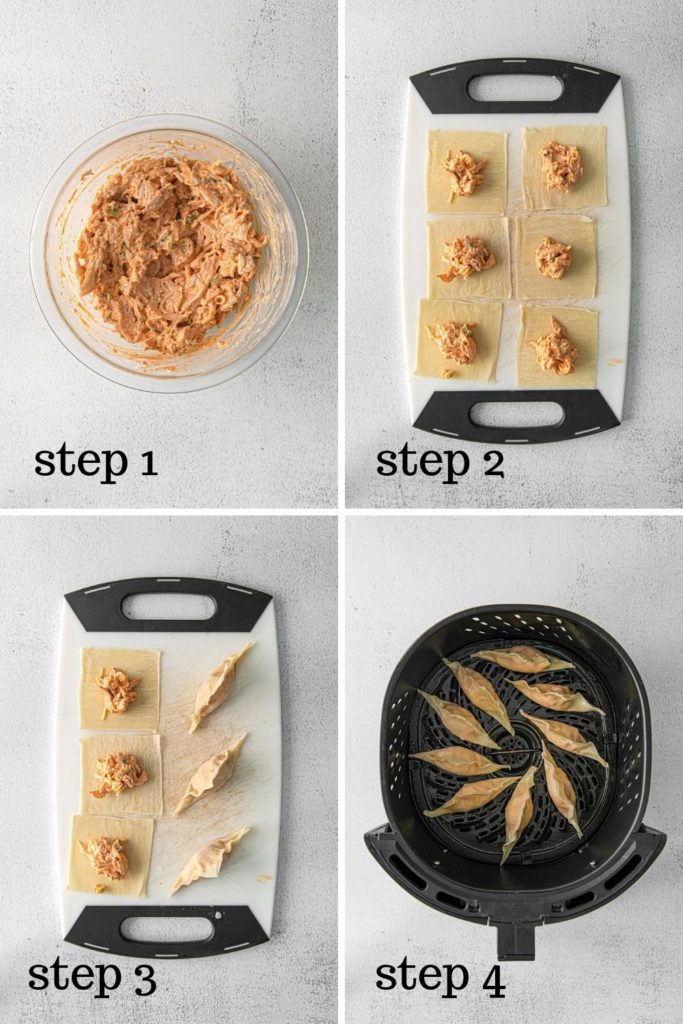 How to make buffalo chicken wontons in the air fryer in 4 easy steps.