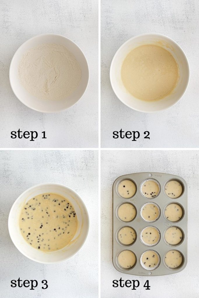How to make vanilla chocolate chip cupcakes in 4 easy steps.