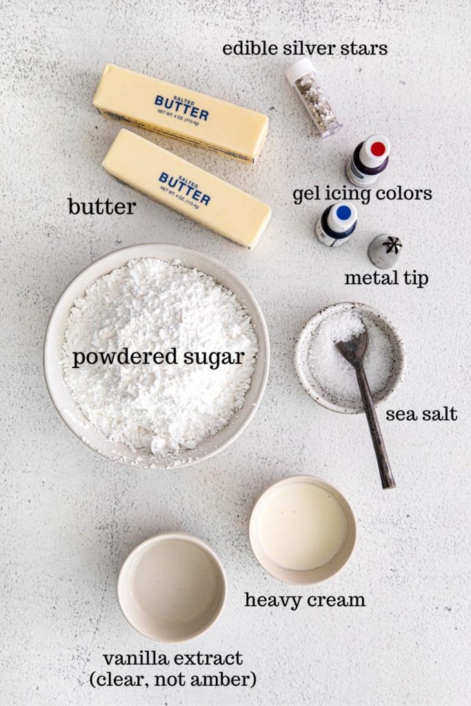Ingredients for buttercream frosting with American flag colors: red, white & blue.