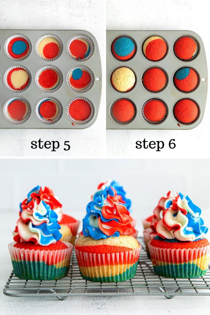 Tri-color batter in cupcake pans for baking 4th of July cupcakes then cooling them on a rack.