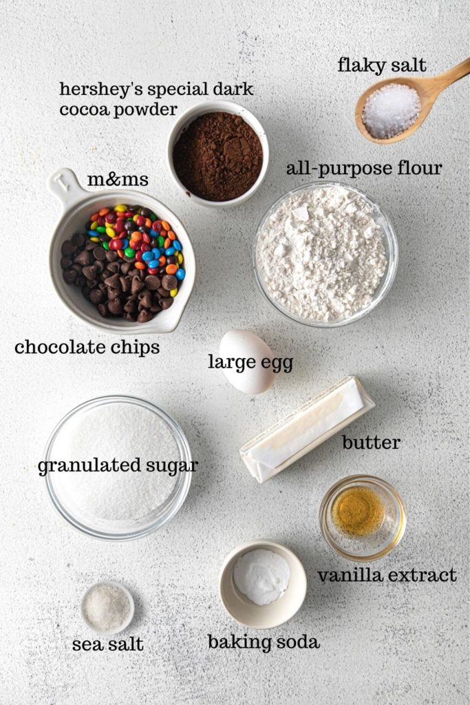 Ingredients for chocolate M&M cookies.