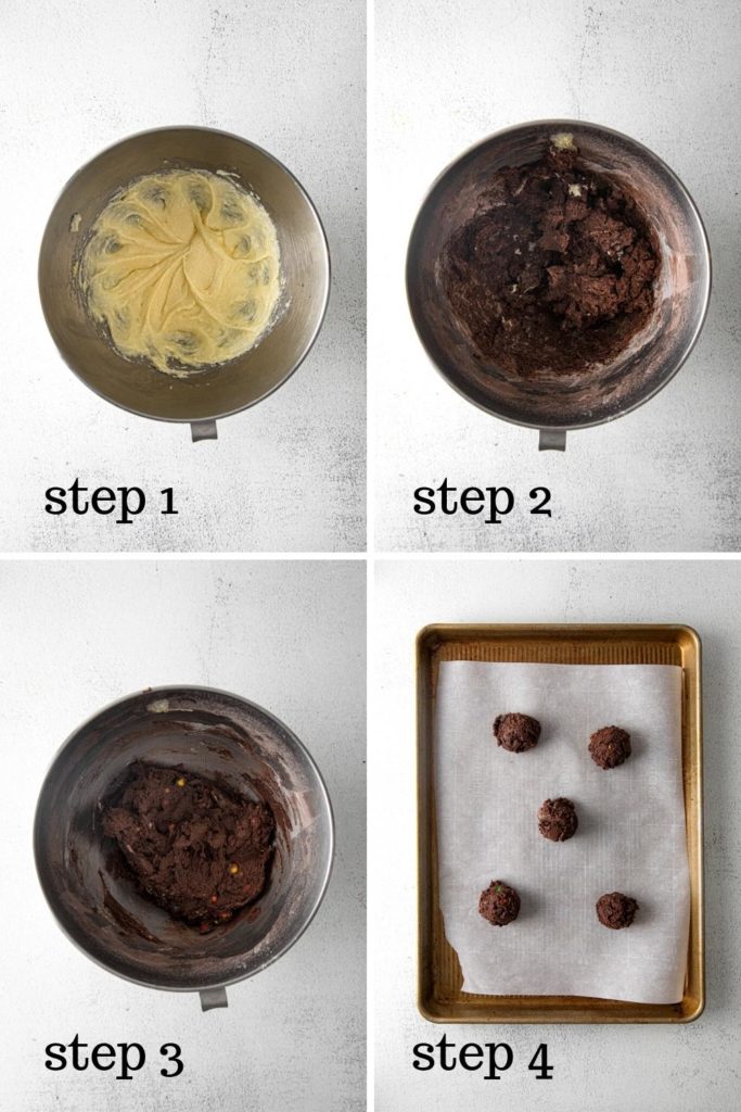 How to make chocolate cookies with M&Ms in 4 easy steps.