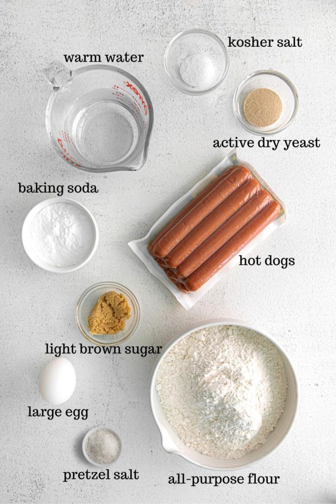Ingredients for homemade pretzel dogs.