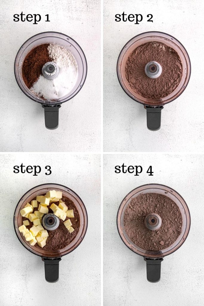 Four images showing how to assemble the chocolate pastry crust for making chocolate pop tarts.