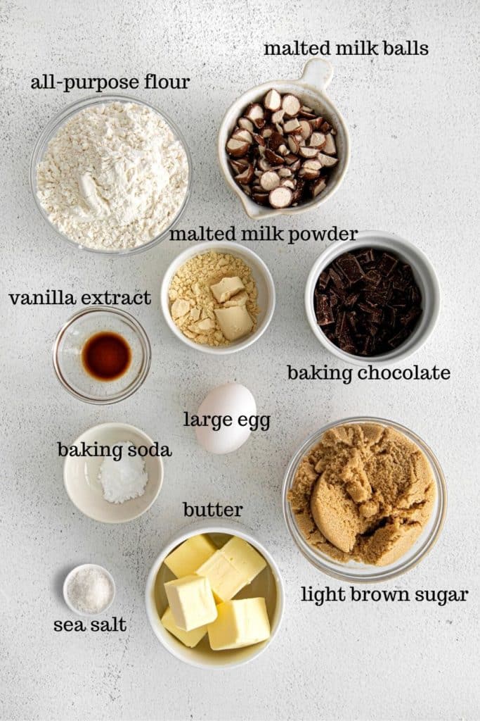 Ingredients for Malted Chocolate Chip Cookies recipe.