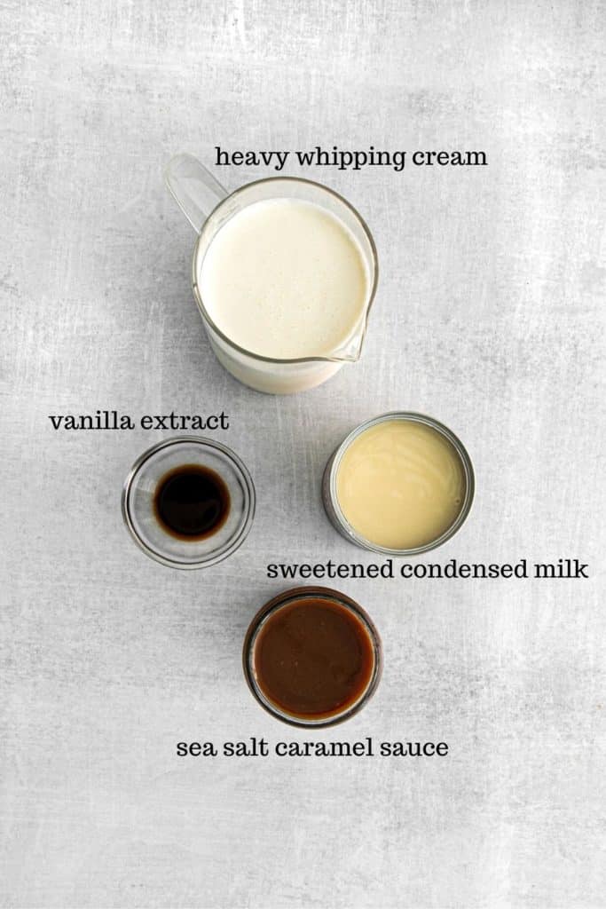 Ingredients for vanilla ice cream with salted caramel swirl recipe.
