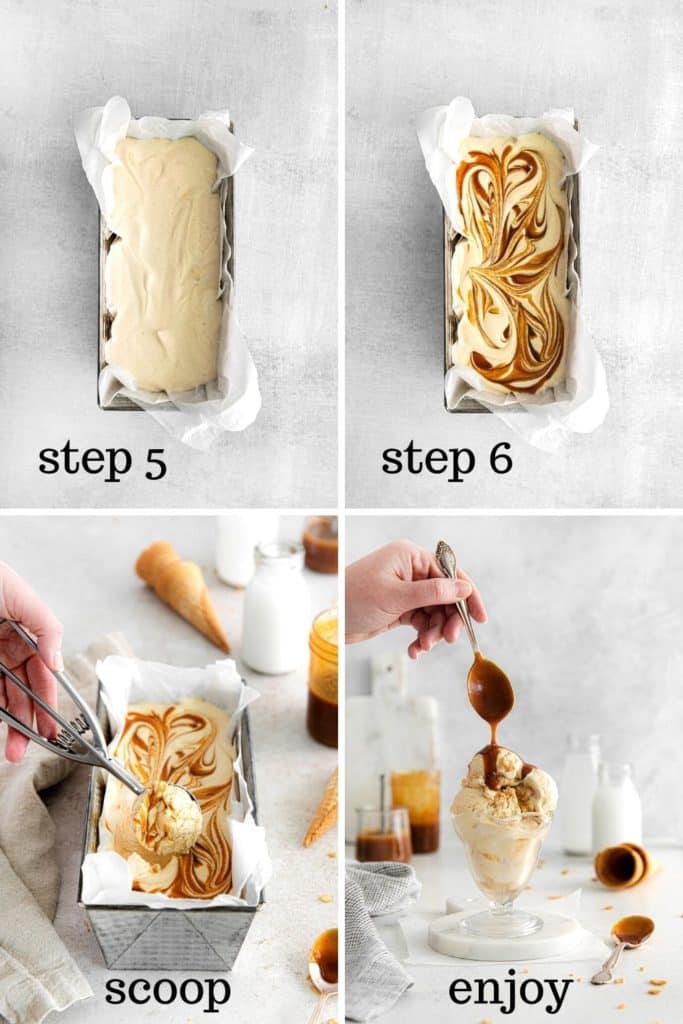 How to layer thick ribbons of salted caramel in vanilla ice cream, then freeze, serve and enjoy.