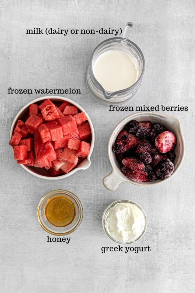 Ingredients for watermelon berry smoothie recipe.