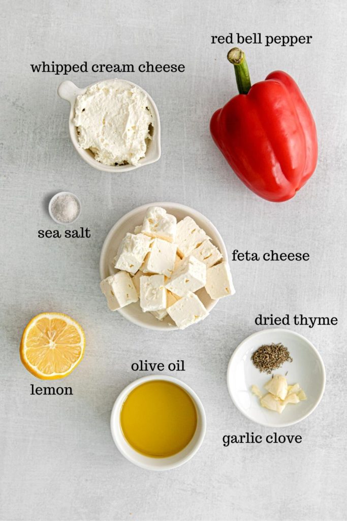 Ingredients for whipped feta dip recipe.