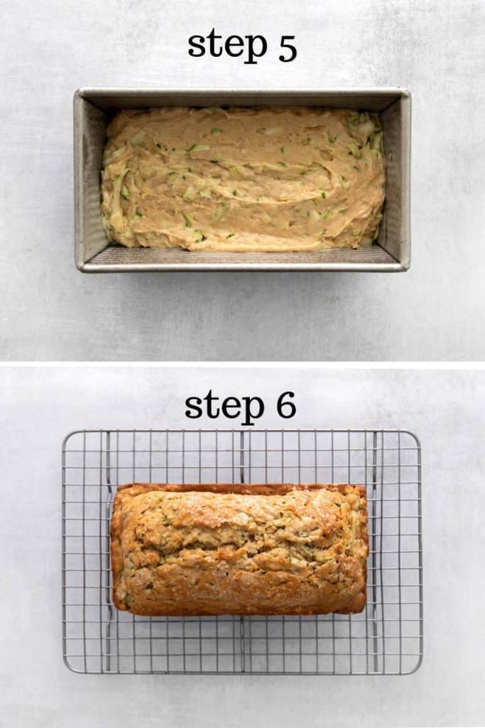 Zucchini bread batter in a loaf pan, and the baked loaf on a metal rack.